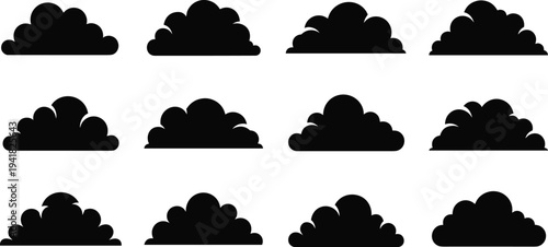 Black cloud silhouette collection, stylized weather icons, abstract puff shapes, vector illustration design elements, atmospheric contour set, graphic art clouds for creative projects