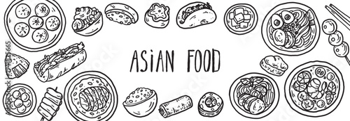 Hand drawn asian food sketch . Whimsical food and drink doodles set. Hand drawn vector illustration for menu, packaging design. Asian cuisine quirky icons, simple sketch style. Minimalist line art