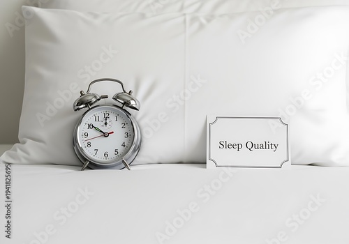 Silver alarm clock on white pillow and bed with sleep quality sign