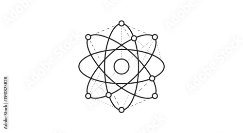 Atomic Structure with Orbital Paths and Data Connections Line Art.