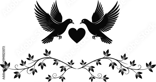 Black silhouette birds with heart vector illustration, decorative vine design, romantic artwork, love symbol, creative nature composition, wedding invitation graphic, unity theme