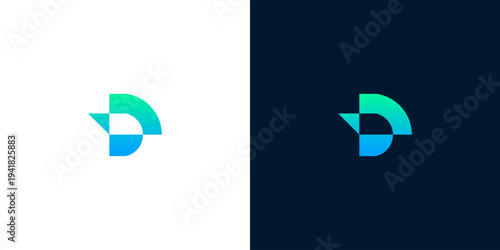 Abstract 'D' letter logo design with gradient color transition, minimalist geometric shapes representing digital data flow, and modern technology concepts