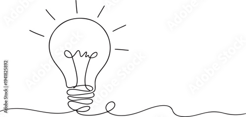 Continuous One Line Drawing Electric Light Bulb Idea Concept Minimal Outline Vector Illustration Isolated On White Background