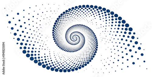 Abstract spiral vortex pattern of blue dots on white background minimal design