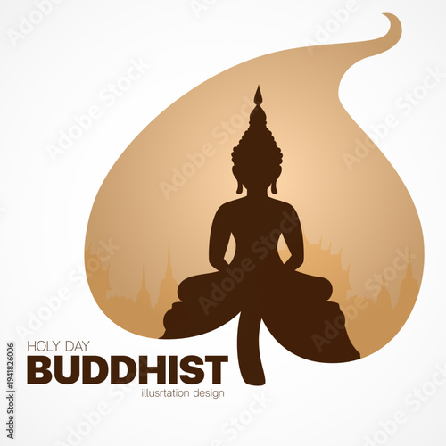Buddha statue shadow silhouette in Bodhi leaf symbol 