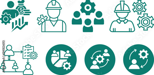 Business process management and workflow icons set featuring teamwork, strategy planning, leadership, project management and productivity concepts for corporate use.