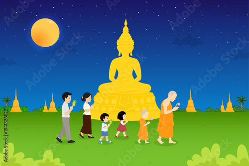 Monks, novices, and Buddhists are walking in a circumambulation ceremony amidst the natural surroundings of a Thai temple.