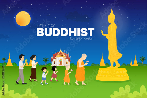 Monks, novices, and Buddhists are walking in a circumambulation ceremony amidst the natural surroundings of a Thai temple.