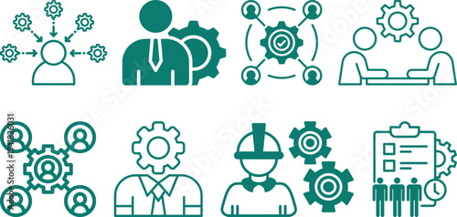 Business process management and workflow icons set featuring teamwork, strategy planning, leadership, project management and productivity concepts for corporate use.