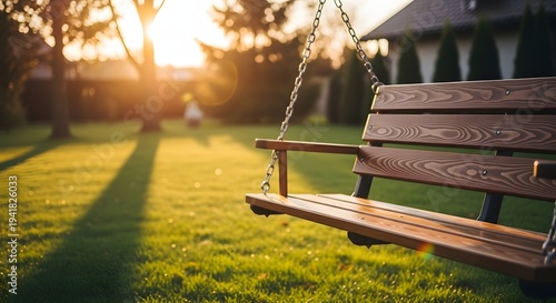 wooden garden porch swing bench in sunny backyard