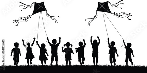 Black silhouette children flying kites vector illustration, joyful outdoor play scene, decorative nature artwork, creative childhood composition, festive leisure drawing, community celebration graphic