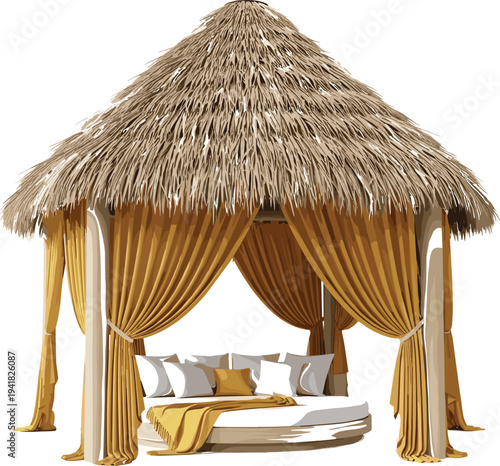 Tropical hut silhouette illustration with palm trees, stilted house vector design featuring thatched roof, serene resort architecture for vacation, travel, island, art