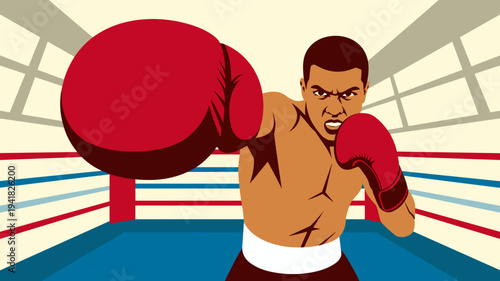 Boxer throwing powerful punch in boxing ring vector illustration
