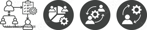 Business process management and workflow icons set featuring teamwork, strategy planning, leadership, project management and productivity concepts for corporate use.