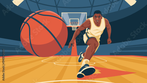Basketball player dribbling ball on indoor court vector illustration