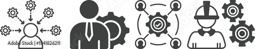 Business process management and workflow icons set featuring teamwork, strategy planning, leadership, project management and productivity concepts for corporate use.