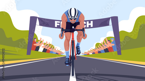 Road cyclist racing and crossing finish line during cycling competition vector illustration