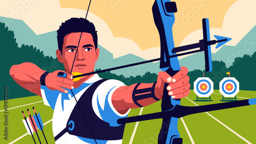 Archer aiming bow and arrow at target during outdoor archery practice vector illustration