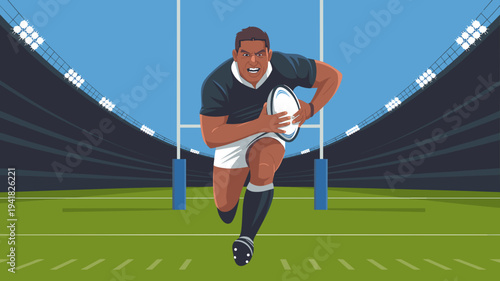 Rugby player running with ball toward goal posts during stadium match vector illustration