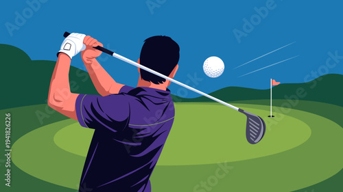 Golfer swinging club toward hole on golf course vector illustration