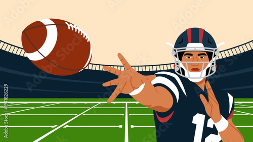 American football quarterback throwing pass on stadium field vector illustration