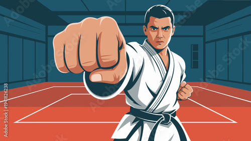 Karate martial artist punching toward camera in dojo training hall vector illustration