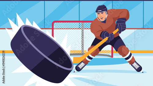 Ice hockey player hitting puck on ice rink during winter sport match vector illustration