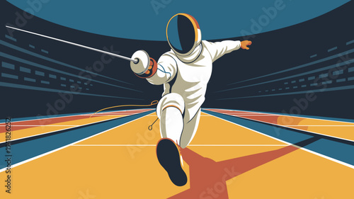 Fencing athlete lunging with foil during competitive match in indoor sports arena