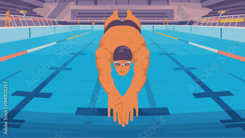 Competitive swimmer diving from starting block into swimming pool during race in aquatic stadium