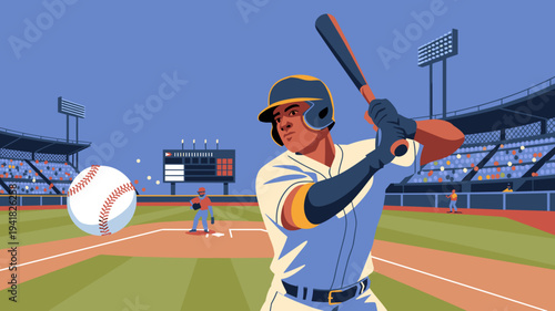 Baseball batter swinging bat to hit ball during game in stadium vector illustration