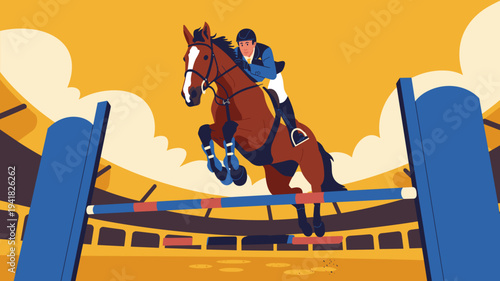 Equestrian rider jumping horse over obstacle during show jumping competition in stadium arena vector illustration
