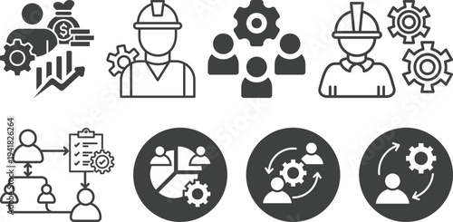 Business process management and workflow icons set featuring teamwork, strategy planning, leadership, project management and productivity concepts for corporate use.