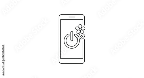Minimalist line art of a smartphone with power icon and growing flower.