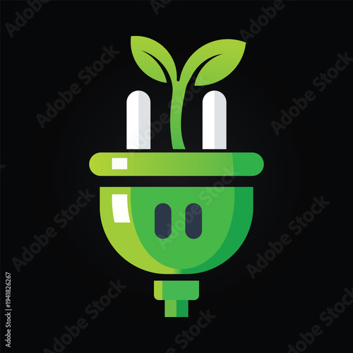 Green Energy Eco Friendly Power Plug with Green Leaves Logo Vector Design
