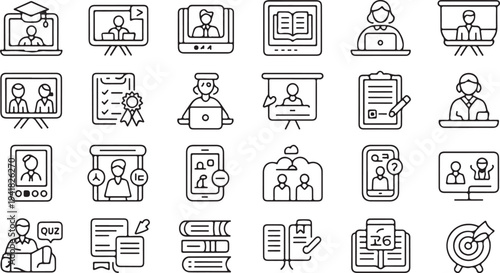 Line of people learning and teaching with books and digital devices line people