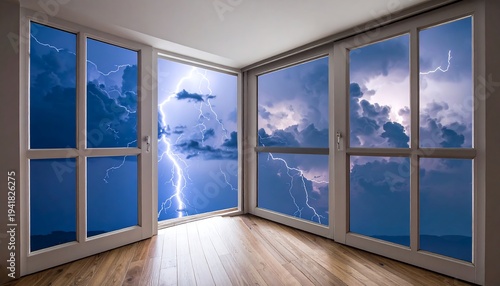 Dramatic lightning storm viewed through large windows inside a room.
