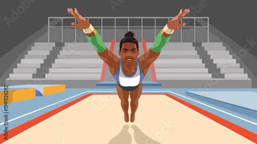 Gymnast performing vault jump on gymnastics apparatus inside indoor sports arena vector illustration