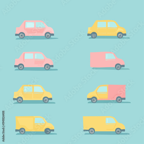 Colorful vans and cars side view.