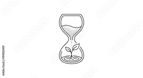 Environmental time concept featuring a sand clock and a growing leaf. Symbolizes sustainable development, long-term investment, and the urgency of climate action.