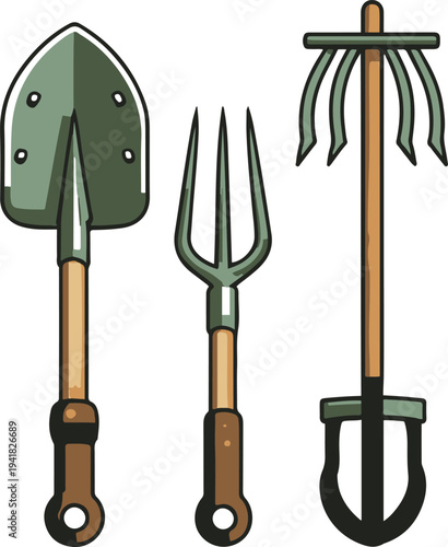 Farming tools icon set, shovel rake hoe agriculture equipment icons, minimal flat vector style 2