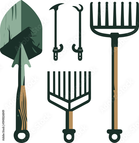 Farming tools icon set, shovel rake hoe agriculture equipment icons, minimal flat vector style 3