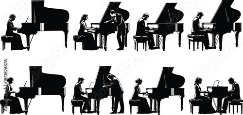 Black and white vector silhouettes of pianists playing grand piano, music practice, performance scenes, teacher accompanist, elegant artistic illustration