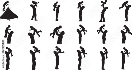 Silhouettes of couples dancing in various romantic poses together