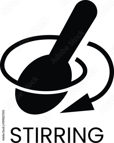 Black spoon with circular arrow and text S T I R I N G stirring mixing symbol black and white