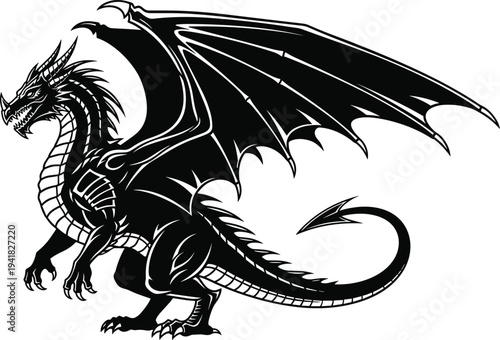 Black silhouette dragon vector illustration, fierce mythical creature design, detailed wings and scales artwork, fantasy folklore drawing, creative composition, decorative legendary beast graphic