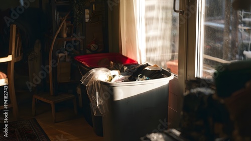 Cozy evening tidy up a full bin bathed in gentle sunlight peaceful home life moments