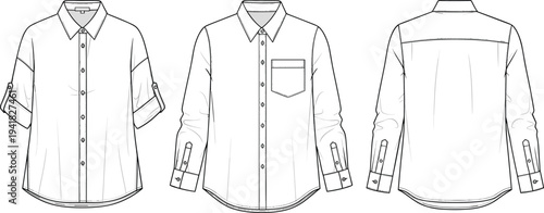 Cad drawing flat vector illustration of women's long sleeve classic button down dress shirt technical sketch with rolled sleeve template