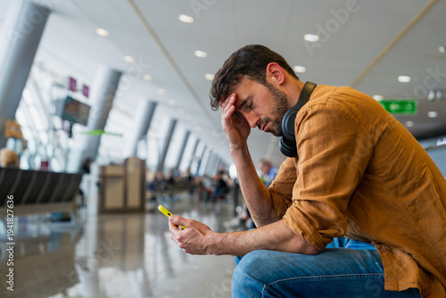 Foto Stressed male traveler experiencing travel delay in airport