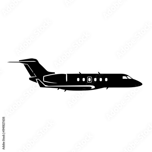 Silhouette of a private jet airplane in flight.