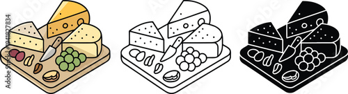Cheese Platter silhouette & Outline and illustration set isolated on transparent background